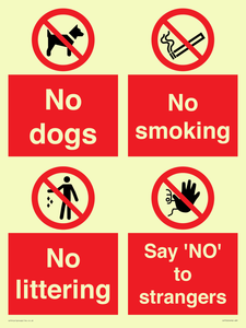 Playground Sign - No dogs, No smoking, No littering, Say 'NO' to strangers